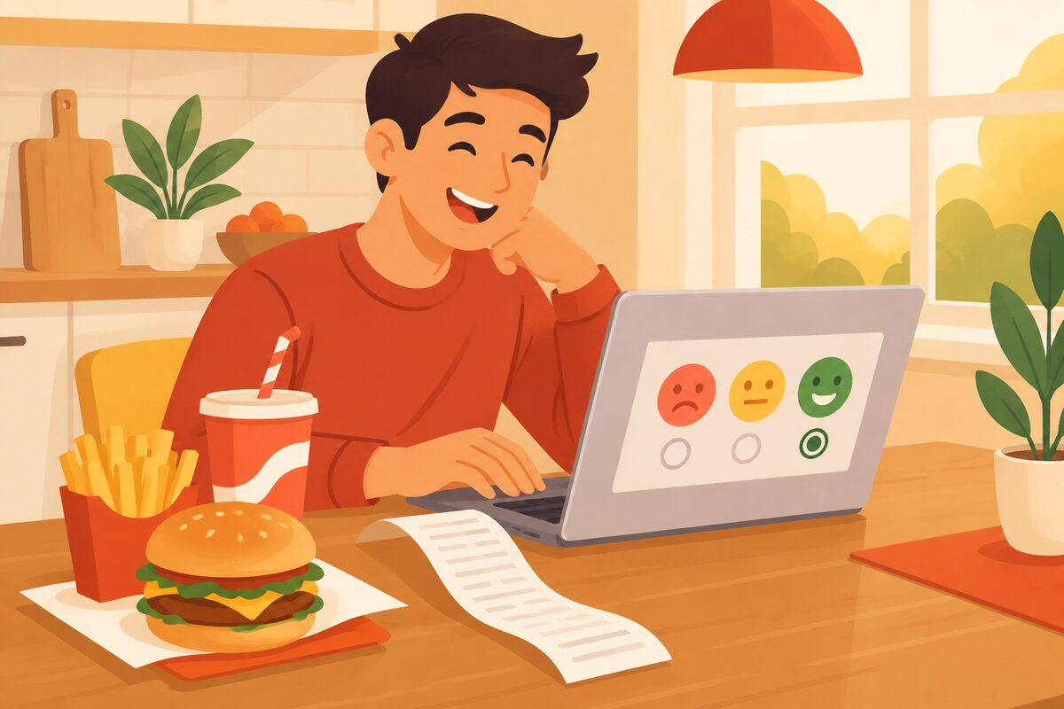 Customer taking the McDVoice survey on a laptop with a McDonald's receipt and meal on the table